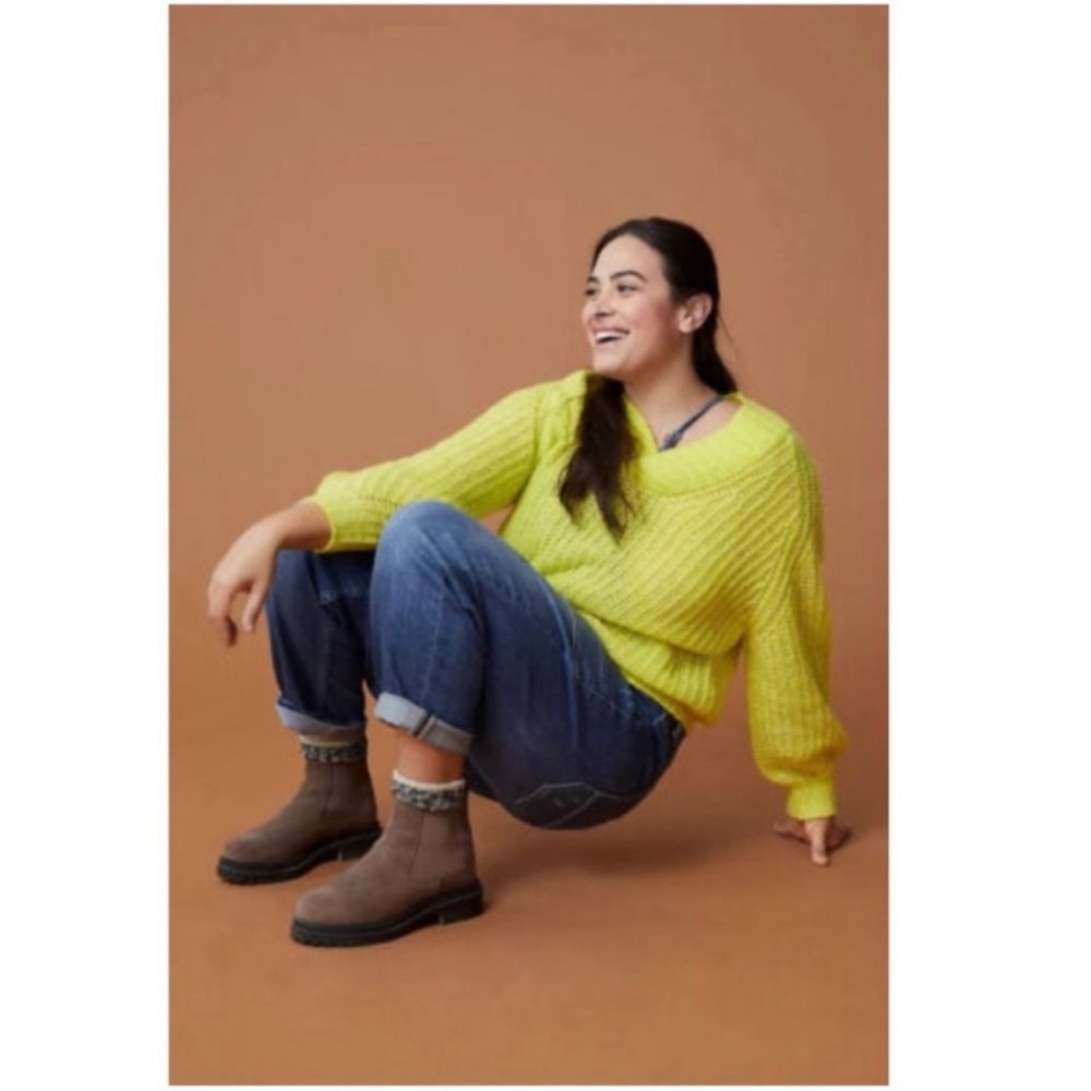 Anthropologie Chunky Knit Shawl Collar V Neck Wool Sweater Neon Yellow sz large